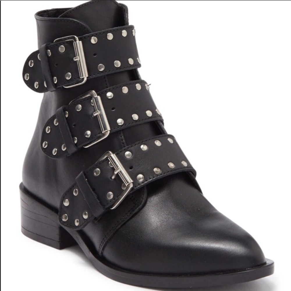 Studded Triple-Buckle Black Leather Ankle Boot